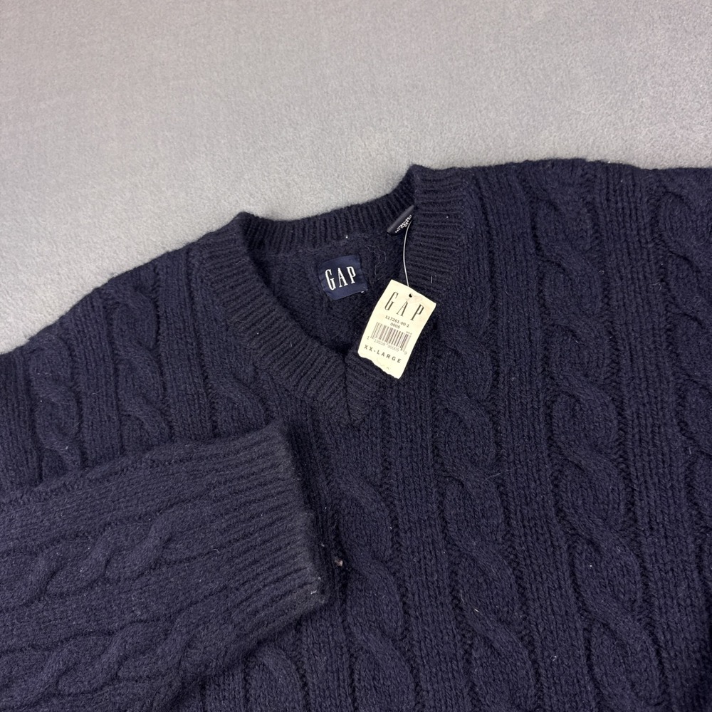 Vintage GAP Sweater Men's 2XL Blue Cable Knit Wool Deadstock Y2K Tennis V NEW